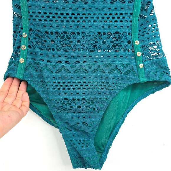 Lookbook Store Deep Emerald Green Eyelet One Piece Swimsuit - Picture 3 of 10